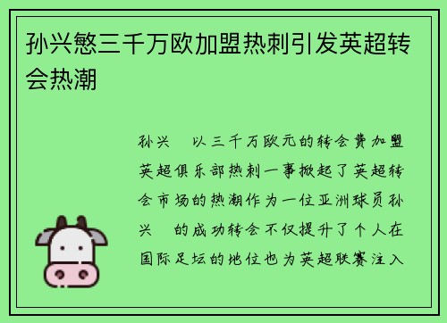 孙兴慜三千万欧加盟热刺引发英超转会热潮