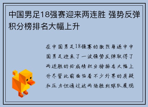 中国男足18强赛迎来两连胜 强势反弹积分榜排名大幅上升 中国男足18强赛迎来两连胜 强势反弹积分榜排名大幅上升